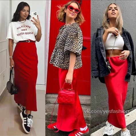 Red Satin Skirt Outfit Fall, Red Satin Skirt Christmas Outfit, Red Skirt Outfit Casual, Red Slip Skirt Outfit, Red Silk Skirt Outfit, Red Skirt Outfit Ideas, Red Satin Skirt Outfit, Long Red Skirt Outfit, Red Maxi Skirt Outfit