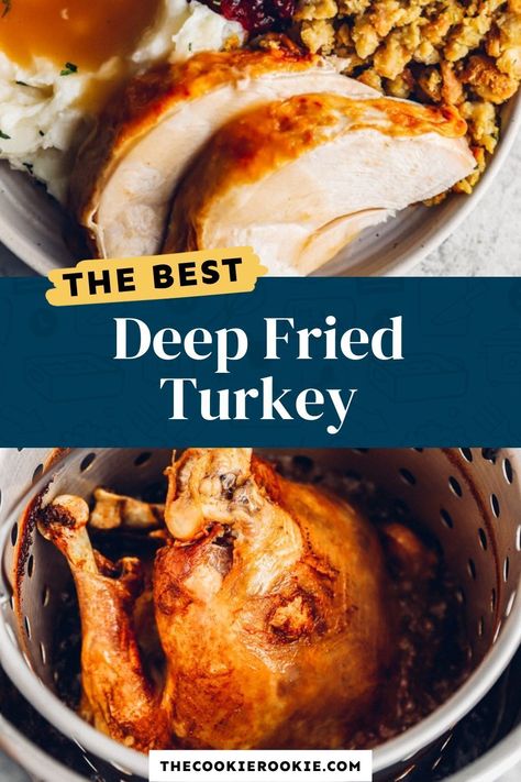 This deep fried turkey recipe is the perfect main course for any holiday meal. Start with an herb-filled wet brine, then fry it for a super crispy and juicy result. It’s much quicker and easier to make than you might think! Pop over to my site for the recipe! | turkey recipes | dinner recipes | holiday recipes | Deep Fry Turkey Recipes, Deep Fried Turkey Injection Recipes, Deep Fried Turkey Injection, Deep Fry Turkey, Deep Fried Turkey Recipes, Fried Turkey Recipes, Beef Recipe Instant Pot, Deep Fried Turkey, Recipes Holiday