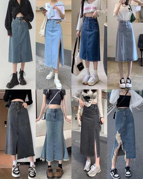 Dark Denim Skirt Outfit, Money Aestethic, Short Jean Skirt Outfits, Long Skort, Skirt Outfits Korean, Rok Denim, Pola Blus, Model Rok, Rok Jeans