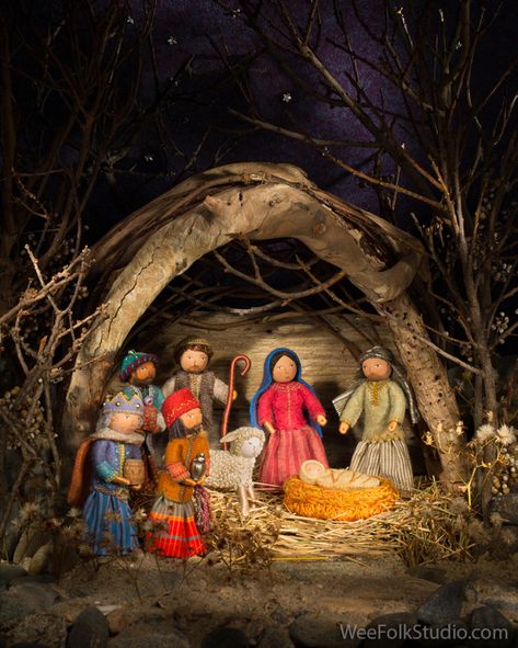 Nativity Scene photo shoot | SALLEY MAVOR Wee Folk Studio, Salley Mavor, Wee Folk, Bendy Doll, Folk Doll, Clothespin Dolls, Christmas Nativity Scene, Wool Projects, Christmas Makes