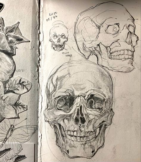 Detailed Sketches Sketchbooks, Sketchbook Dark Art, Interesting Things To Draw Sketchbooks, Sketchbook Tattoo Ideas, Creative Portrait Drawing Ideas, Sketchbook Inspo Pencil, Open Ribcage Drawing, Dark Pencil Art, Skull Drawing Aesthetic