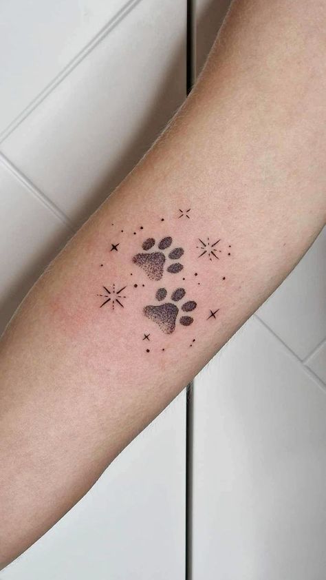 Cute Dog Paw Tattoos, Paw Print Finger Tattoos For Women, 2 Paw Print Tattoo, Delicate Paw Print Tattoo, Pet Paw Tattoo Ideas, Fine Line Dog Paw Tattoo, Dog Star Tattoo, Cat Paw Tattoos For Women, Cat Memorial Tattoo Paw