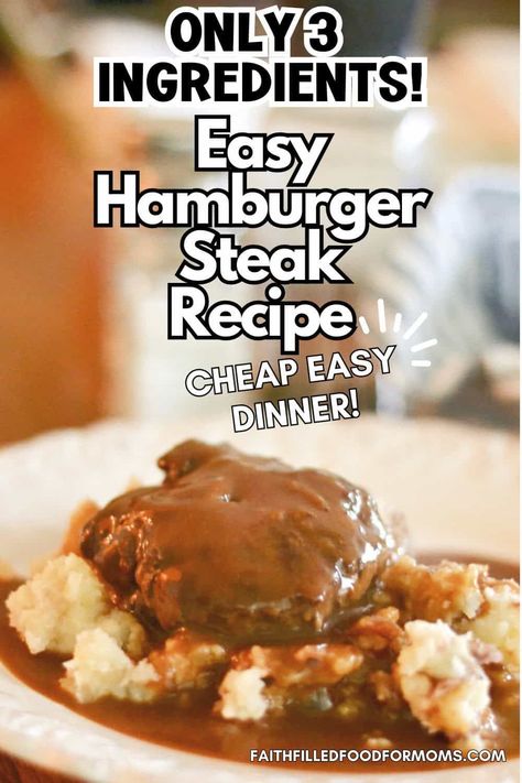 Easy Homemade Hamburger Steak Recipe with Gravy. Only 3 ingredients while using a packet of brown gravy. This is made on the stovetop using a large skillet! Super easy clean up too! This family favorite ground beef dinner is perfect for a busy weeknight dinner! Hamburger Meat Supper Ideas, Fast Easy Dinner With Hamburger Meat, Hamburger Patty With Gravy, Hamburger Steak In The Oven, Hamburger Gravy Over Mashed Potatoes Ground Beef Easy Recipes, Oven Hamburger Steak And Gravy, Hamburger Steak With Brown Gravy Crockpot Easy, Easy Hamburger Steak And Gravy, Easy Hamburger Steak In Oven