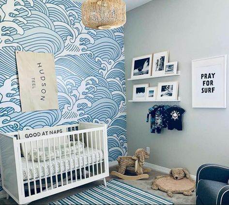 Ocean-Themed Nursery Ideas – Happiest Baby Wallpaper Boy Nursery, Boy Nursery Wallpaper, Peel And Stick Wallpaper Kids, Wallpaper Nautical, Nursery Wallpaper Boy, Ideas For Small Homes, Wallpaper Boy, Farmhouse Nursery Decor, Wave Wallpaper