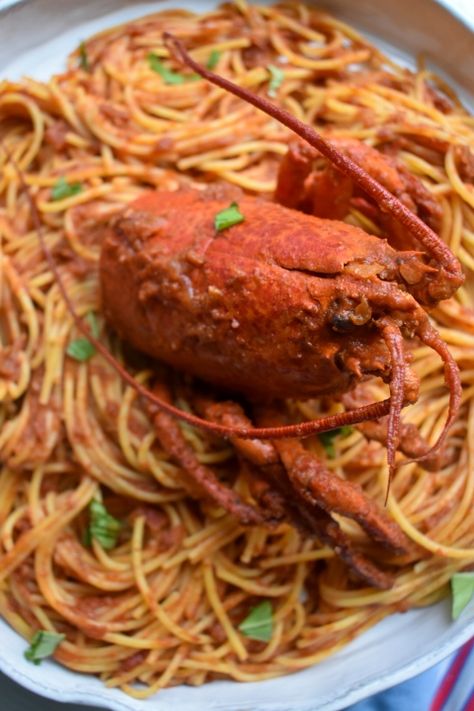 Pasta with lobster gravy. Credit: Olivia Vanni. Lobster Gravy, Lobster Sauce Recipe, Pasta With Lobster, Spicy Lobster, Lobster Sauce, Stewed Tomatoes, Sweet Meat, Red Chili Flakes, Red Lobster