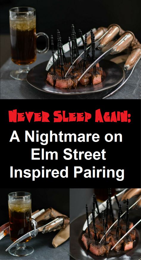 Never Sleep Again with this cocktail and snack pairing inspired by A Nightmare on Elm Street 2geekswhoeat.com #Horror #recipe Freddy Krueger Food Ideas, Horror Movie Themed Party, Horror Treats, Horror Food, Theme Dinners, Snack Pairings, Never Sleep Again, Fall Feeling, Vampire Kiss