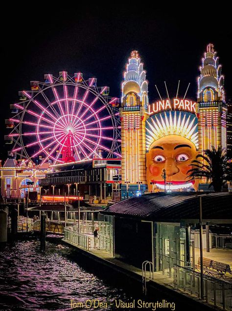 Theme Park Aesthetic Night, Amusement Park Aesthetic Night, Luna Park Aesthetic, Park Aesthetic Night, Sydney Aesthetic, Australian Prints, Amusement Park Aesthetic, Sydney Trip, Wonderland Park