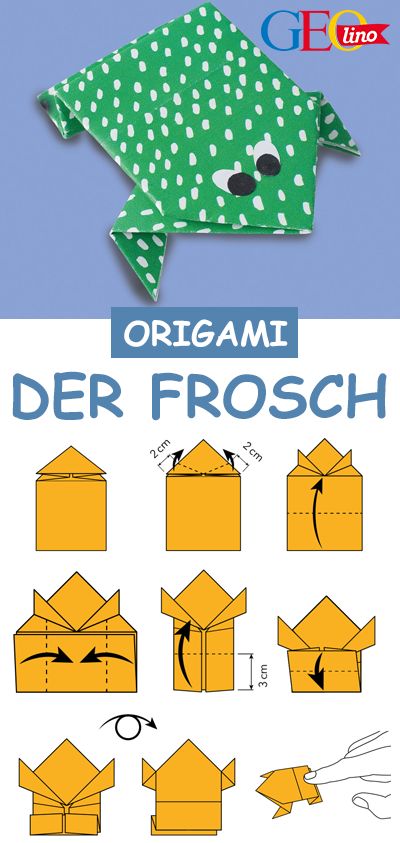 Mit dieser Origami-Technik faltet ihr einen Frosch. Die ganze Anleitung liefert euch GEOlino! #basteln #origami #falten #frosch #bastelnmitkindern #papier #diy Origami Frog, Origami Yoda, Origami Bookmarks, Origami Star Box, Origami Techniques, Origami Ball, Origami Envelope, Kids Origami, Origami Models