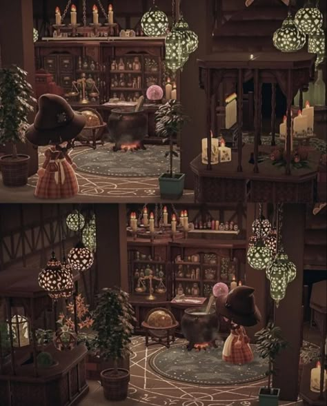 Acnh Apothecary Room, Animal Crossing Apothecary, Acnh Witchcore House, Acnh Witchy Room, Acnh Witchy House, Dark Cottagecore Animal Crossing, Animal Crossing Island Inspiration Dark Academia, Acnh Witch House, Animal Crossing Dark Academia Codes