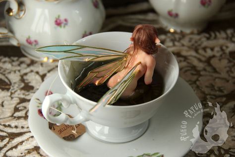 Tea bath by AlvaroFuegoFatuo on DeviantArt Tea Bath, Fairy Art Dolls, Wooden Owl, Fairy Clothes, Fairy Jewelry, Fairy Figurines, Project Inspiration, Fairy Art, Fairy Dolls