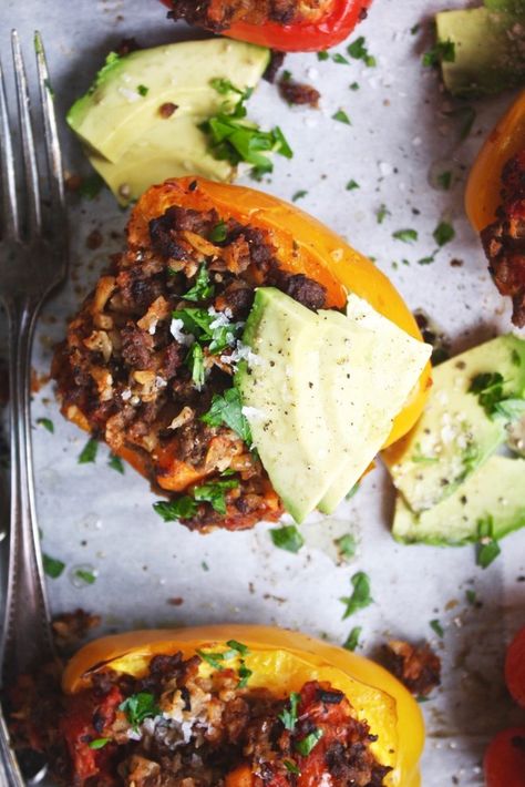 Whole 30 Stuffed Peppers Whole30 Stuffed Peppers, Stuffed Bell Peppers Whole 30, Whole 30 Stuffed Peppers, Sweet Potato Seasoning, Veggie Tales, Fire Roasted Tomatoes, Raise Your Hand If, So Satisfying, Raise Your Hand