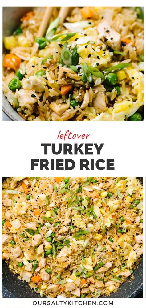 When you're tired of turkey sandwiches (it happens!) reach for fried rice with turkey. Leftover Turkey Fried Rice may not taste like Thanksgiving dinner, but it absolutely tastes amazing thanks to hints of soy, garlic, sesame, and green onion. Use frozen vegetables and cooked rice to keep this easy leftover turkey recipe simple and quick - it's a healthy thanksgiving leftover meal that's ready in 30 minutes, using frugal pantry staples! #leftoverturkey #friedrice #thanksgiving #leftovers Turkey Fried Rice, Deep Fried Turkey Recipes, Frugal Pantry, Easy Leftover Turkey Recipes, Quick Turkey, Turkey Stir Fry, Fried Turkey Recipes, Easy Turkey Recipes, Fried Rice Recipe Easy