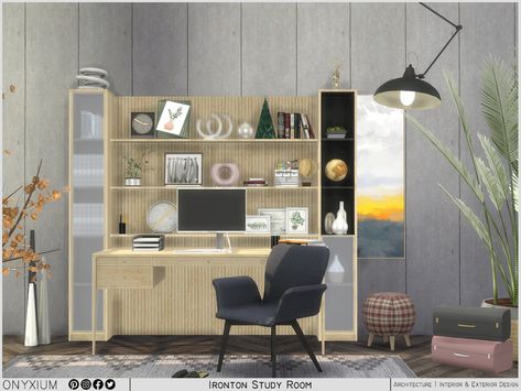 The Sims Resource - Ironton Study Room Sims 4 Cc Study In Style, Sims 4 Cc Study Desk, The Sims 4 Cc Furniture Office, Study In Style Sims 4, Sims 4 Computer Desk, Living Room Sims 4, Sims 4 Clutter, Large Desk, Decor Buy