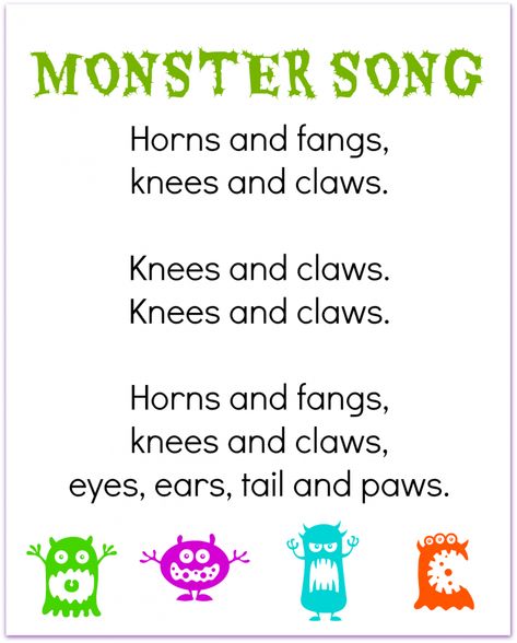 FREE printable monster finger play song for preschool Monster Song, Abc Monsters, Monster Songs, Monster Classroom, Stroller Strides, Monster Activities, Circle Time Songs, Pets Preschool Theme, Preschool Fall