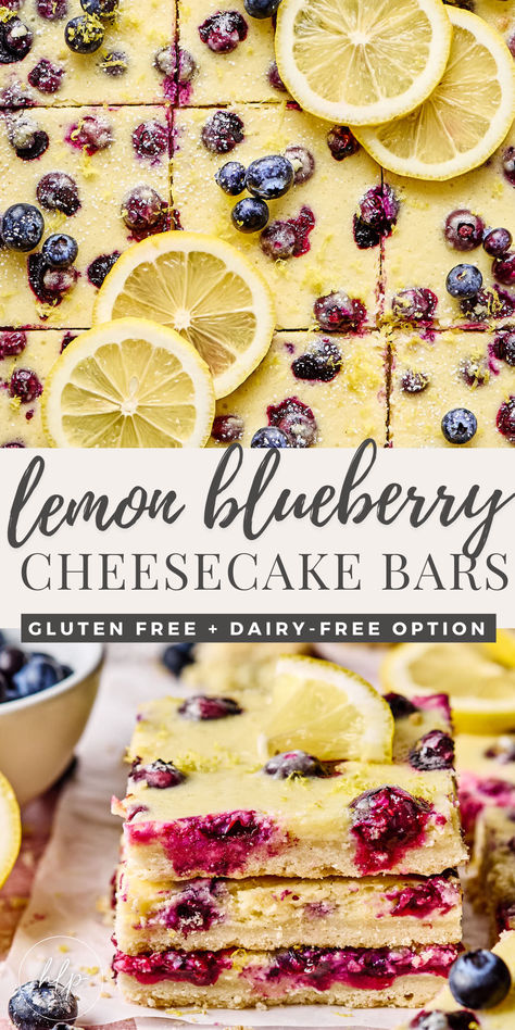 lemon blueberry cheesecake bars pinterest pin Gluten And Dairy Free Cheesecake, Gluten Free Blueberry Desserts, Blueberry Recipes Gluten Free, Gluten Free Fancy Desserts, Gluten Free Lemon Desserts Easy, Summer Desserts Gluten Free, Gluten Free Cheesecake Bars, Easy Dessert For A Crowd Gluten Free, Gluten Free Blueberry Bars