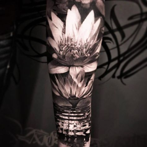 Lotus flower tattoo eD sleeve on arm Realism Tattoo Leg Sleeve Women, Black And White Flower Tattoo Cover Up, White On Black Tattoo Cover Up, Large Black Cover Up Tattoos For Women, Negative Space Tattoo Flower, Realistic Flower Tattoo Black And White, Realistic Lotus Flower Tattoo, Realism Flower Tattoo, 3d Flower Tattoos