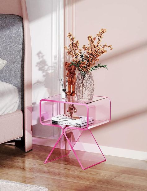 The modern square clear acrylic coffee table weighs 15 lbs with an overall support of 45 lbs. It is 0.39" thick and measures 17.7"H x 11.8"L x 15.35"W.. Applicable scene: bedside table, magazine table, coffee table, temporary table, etc. Potted plants, candles, photo frames, magazines and more look stylish and organized on this coffee table. Modern Design Acrylic Nightstand, Modern Side Table Design, Pink Side Table, Minimalist Side Table, Acrylic Side Table, Pink Amazon, Acrylic Furniture, Bedside Night Stands, Modern Side Table