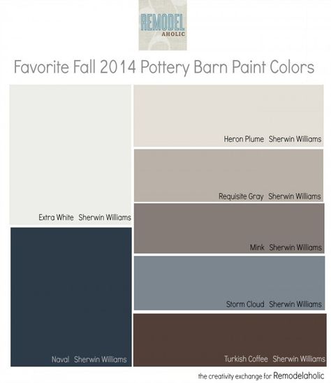 Hi Remodelaholics, it’s Cyndy from The Creativity Exchange back with this month’s paint color... Pottery Barn Paint Colors, Requisite Gray, Fall Pottery, Pottery Barn Paint, Foyer Paint Colors, Foyer Paint, Interior Paint Colors Schemes, Paint Collection, Interior Colors