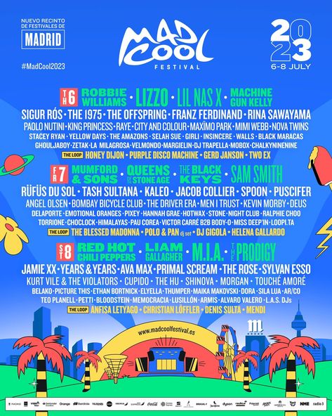 M.I.A. announces her return to Mad Cool Festival 2023! Check out the full lineup here https://www.musicfestivalwizard.com/festivals/mad-cool-festival-2023/ Tash Sultana, Angel Olsen, Paolo Nutini, Sigur Ros, City And Colour, Primal Scream, Black Fr, Festival Flyer, Church Poster Design