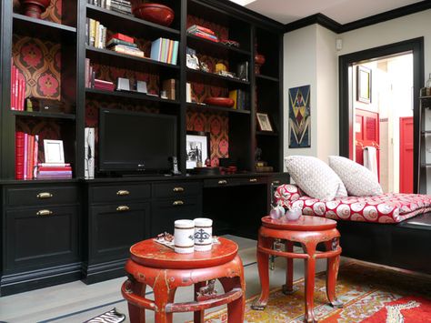 Sarah Story | New York Social Diary Bookcase With Wallpaper Backing, Bookcase With Wallpaper, Ethnic Living Room, Black Bookcase, With Wallpaper, Living Room Red, Random Images, Red Rooms, Built In Bookcase