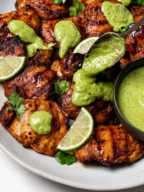 Peruvian-Style Chicken with Green Sauce (Aji Verde) - Sandra Valvassori Peruvian Chicken With Green Sauce (aji Verde), Peruvian Grilled Chicken With Creamy Green Sauce, Peruvian Hot Sauce, Avocado Sauce For Chicken, Purvian Chicken Recipes, Peruvian Green Sauce Recipe, Peruvian Chicken With Green Sauce, Chicken With Green Sauce, Peruvian Green Sauce