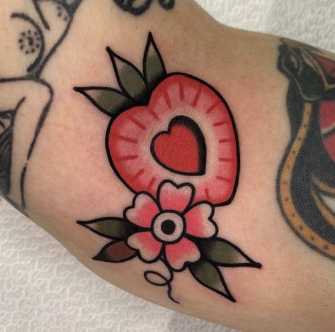 Traditional Tattoo Wrist, Traditional Tattoo Filler, Strawberry Tattoo, Brain Tattoo, Country Tattoos, Pink Tattoo, Traditional Tattoo Sleeve, Traditional Tattoo Art, Tattoo Style Drawings