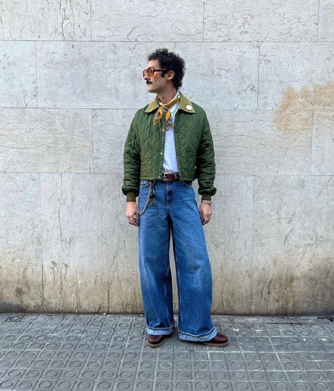 Colorful Retro Outfits Men, Male Maximalist Outfits, Mens Funky Fashion, Eclectic Grandpa Mens Fashion, Green And Yellow Outfit Ideas, Camp Pants Outfit, Denim Jeans Outfit Men, Light Puffer Jacket, Aesthetic Mens