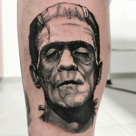 Frankenstein tattoo Frankenstein Leg Tattoo, The Bride Of Frankenstein Tattoo, Horror Calf Tattoo, Frankenstein Monster Tattoo, Frankinstine Tattoos, Small Frankenstein Tattoo, Realism Horror Tattoo, Frankenstein Tattoo Simple, Classic Monster Tattoo