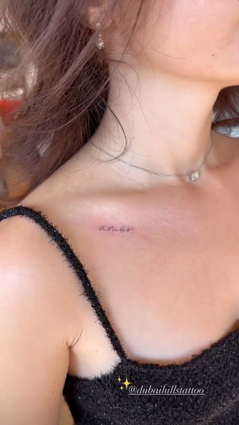 Tattoo In Clavicle, Word On Collar Bone Tattoo, Tattoos On Collarbone For Women, Dainty Tattoos On Collar Bone, 444 Tattoo On Collarbone, One Word Collar Bone Tattoo, Collar Bone Tattoo For Women Minimalist, Date Tattoo Collar Bone, Name Tattoos Chest Women