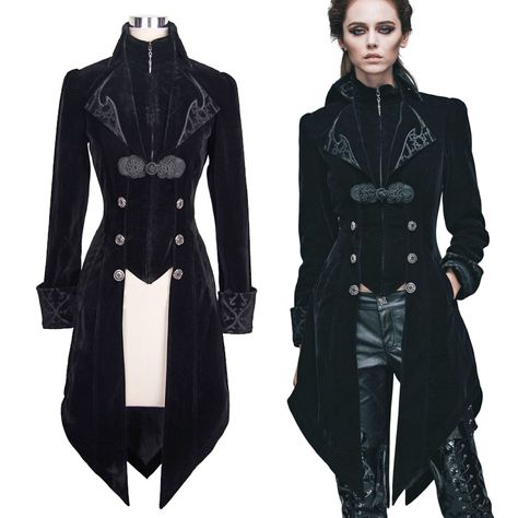 Devil Fashion Ladies Gothic Velvet Frock Coat | BOUDOIR NOIR Goth Coat, Steampunk Coat, Black Velvet Coat, Gothic Coat, Steampunk Dress, Steampunk Women, Gothic Looks, Unique Jackets, Style Steampunk