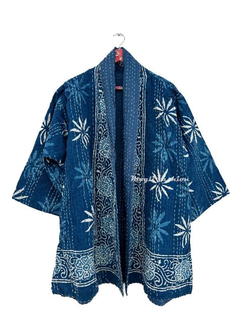 Cotton Kantha Indigo Print Handmade Jacket Kimono Overcoat For Women Quilt Gift Overcoat For Women, Sashiko Jacket, Handmade Jacket, Indigo Design, Open Kimono, Wearable Art Clothing, Indigo Prints, Kantha Jacket, Quilted Gifts