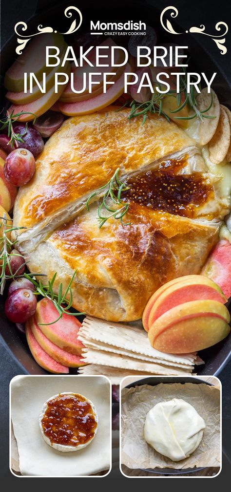 This baked Brie features buttery melted Brie cheese and fig jam encased in flaky puff pastry. It makes the perfect appetizer for your next party, movie night, or holiday! Baked Brie Puff Pastry Recipes, Brie Bites Puff Pastry Fig, Baked Brie In Puffed Pastry, Brie Pastry Appetizer, Brie And Phyllo Appetizer, Brie Pastry Puff Appetizer Recipes, Cheese Brie Recipe, Pastry Brie Recipes, Brie Melt Recipes