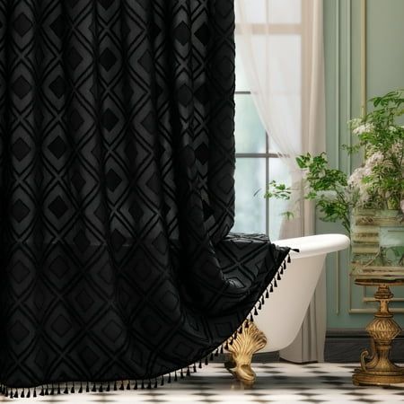 Experience the ultimate in luxury and durability with our Chic Boho Black Tufted Texture Shower Curtain. Made from 100% premium polyester fabric, this shower curtain is designed to withstand the wear and tear of everyday use while maintaining its elegance and style. Featuring an exquisite tufted geometric texture with tassels design, this shower curtain will elevate the look of any bathroom. The water repellent and mildew resistant properties of this shower curtain make it easy to maintain and keep clean. What's more, our texture white Boho tufted shower curtain is Eco-friendly and free from toxic chemicals. So, you can enjoy a luxurious shower experience with peace of mind that you are doing your bit for the environment. Upgrade your bathroom with our boho tufted texture Shower Curtain an Whimsigoth Shower Curtain, Black And Gold Shower Curtain, Bathrooms With Shower Curtains, Moody Shower Curtain, Double Shower Curtain Ideas, Black Shower Curtain Bathroom, Bathroom Shower Curtain Ideas, Black And Cream Bathroom, Curtains With Tassels