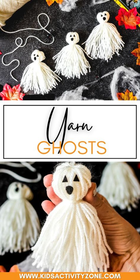 Yarn Ghosts are a simple, 10 minute Halloween craft perfect for kids and adults! All you need is a few inexpensive craft supplies and you can make these festive ghosts out of yarn for Halloween decorations. Halloween Arts And Crafts For 1st Grade, Small Diy Halloween Decorations, Tin Can Ghost, Halloween Decorations To Make With Kids, Schoolage Halloween Crafts, Halloween Party Craft 5th Grade, 3rd Grade Fall Party Craft, Halloween Activities For Nursing Home, Halloween Craft For Teenager