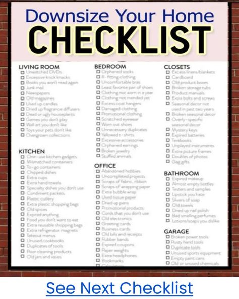 Declutter Your Home Checklists & Task Lists-Printables For 2024 Room By Room Checklist, Kitchen Clutter Solutions, Downsize Your Home, Organize Your Room, Downsizing Tips, Home Checklist, Shoe Wall Art, Room Checklist, Declutter Checklist