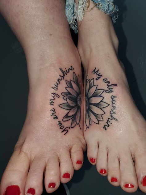 Sunflower Foot Tattoos, Family Tattoo, Cat Tattoos, Daughter Tattoos, Mother Daughter Tattoos, Sunflower Tattoo, Tattoos For Daughters, Family Tattoos, Foot Tattoo