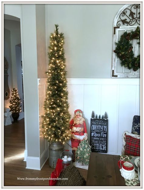 French Country Farmhouse Christmas Dining Room-Pencil Tree-From My Front Porch To Yours Pencil Farmhouse Christmas Tree, Pencil Christmas Tree Dining Room, Pencil Tree Decorating Ideas Farmhouse, Christmas Tree Farm Porch Decor, Farmhouse Grapevine Tree, Entryway Christmas Tree Farmhouse, Pencil Trees Decorating Ideas, Pencil Trees, Christmas Dining Room