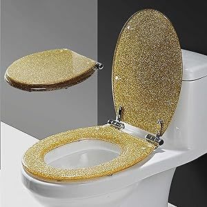 Sparkly Resin Toilet Seat, Quiet Slow Close Bathroom Toilet Lid, Thicken Toilet Seat Cover, with Stainless Steel Hinge, Easy Installation and Cleaning, Gold, Pink, Black, Silver (Color : Gold) Gold Toilet Seat, Resin Toilet Seat, Stainless Steel Hinges, Bathroom Toilet, Toilet Seat Cover, Bathroom Toilets, Toilet Seat, Seat Cover, Hinges