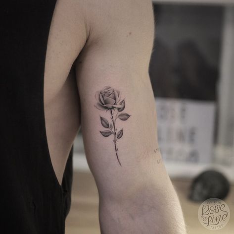 Trendy Men Tattoos, Rose With Stem Tattoo Men, Rose Mens Tattoo, Single Rose Tattoo Men, Men's Rose Tattoo, Rose Bicep Tattoo Men, Portland Rose Tattoo, Rose Tattoo Tricep, Tattoos Roses Men