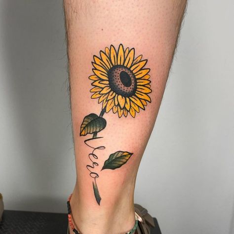 Sunflower Leg Tattoo, Leg Tattoo Stencil, Traditional Sunflower Tattoo, Traditional Sunflower, Tattoo Idea For Women, Finger Tattoos For Women, Watercolor Sunflower Tattoo, Good First Tattoos, Sunflower Tattoo Ideas