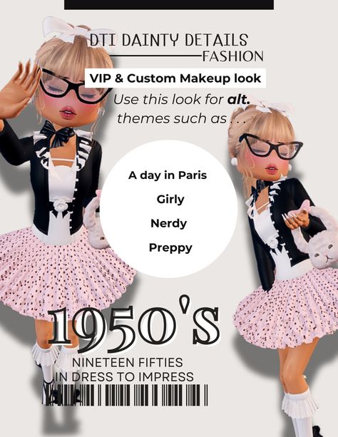 Dress to impress 1950s, 1950s dti, dti 1950s, #dtiyschallenge #dresstoimpress #roblox #dresstoimpressideas 1950s Dress To Impress, A Day In Paris, Glamour Dress, 1950s Dress, Fashion Details, Dress To Impress, Makeup Looks, Quick Saves, Make Up Looks