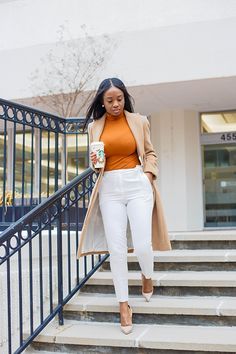 Neutrals For The Win Burnt Orange Winter Outfits, Burnt Orange And Cream Outfits, Burnt Orange And White Outfit, Orange Work Outfit, Orange And Cream Outfit, Tan Jacket Outfit Women, Official Outfits For Women, Official Outfits, Womens Business Attire