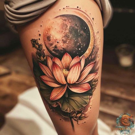 Cosmic Tattoo Sleeve, Cover Up Flower Tattoos For Women, Reset Tattoo, Lotus Tattoo Sleeve, Moon Forearm Tattoo, Sacred Feminine Tattoo, Full Moon Tattoos, Mystical Tattoos For Women, Moon And Lotus Tattoo