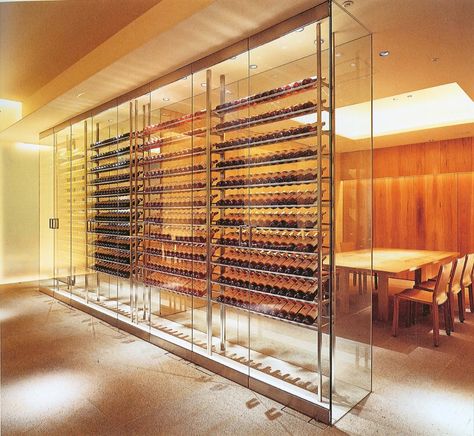 Wine Cellar Wall, Wine Displays, Wine Room Design, Winery Restaurant, Glass Wine Cellar, Wine Closet, Home Wine Cellars, Custom Wine Cellars, Wine Tasting Room