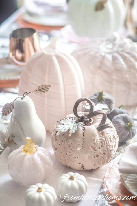 Pink and white glass pumpkins Autumn Table Setting, Tablescapes Autumn, Ceramic Pumpkins, Pumpkin Table Decorations, Pink Tablecloth, Pumpkin Candle Holder, Centerpiece Craft, Spring Table Settings, House To Home