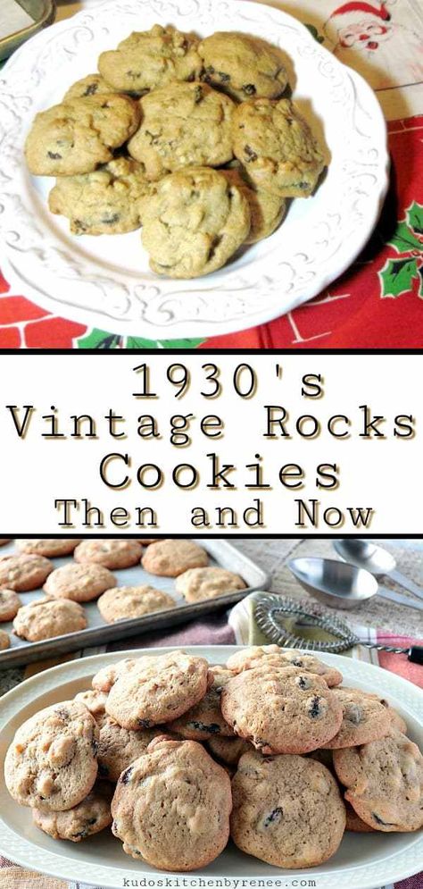 This vintage cookie recipe dates back to the 1930's. Vintage Rocks Cookies are fast and easy to make and don't require any special equipment. A large bowl and a spoon will work wonderfully well. After all, if it was good enough for grandma... - kudoskitchenbyrenee.com Rock Cookies Recipe, Shortbread Cake, Cookie Recipes From Scratch, Date Cookies, Cookie Recipes Unique, Shortbread Recipes, Favorite Cookbooks, Drop Cookies, Vintage Cookies