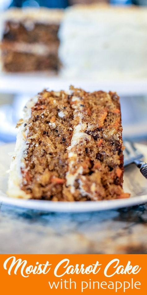 Ultra-moist and perfectly spiced Carrot Cake with Pineapple. As if that wasn't enough, I add lots of toasted shredded coconut, walnuts, and raisins, then wrap it all in a luscious cream cheese frosting. #carrotcake #carrotcakewithpineapple #hildaskitchenblog Carrot Cake With Pineapple And Coconut And Raisins, Rum Raisin Carrot Cake, Cakes Coconut, Carrots Cake, Carrot Cake Recipe Homemade, Cakes Strawberry, Spiced Carrot Cake, Dessert Easter, Cake With Pineapple