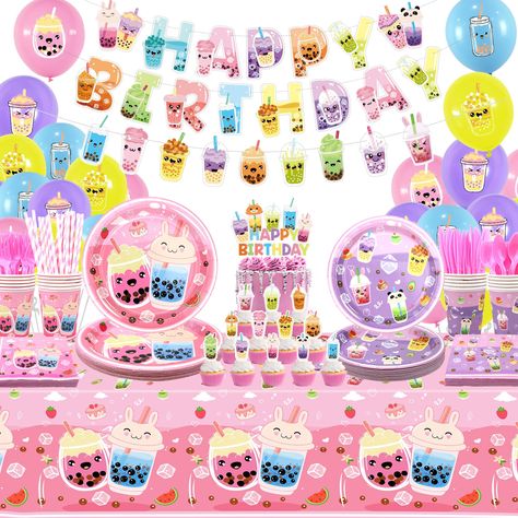 PRICES MAY VARY. Bubble Tea Party Decoration: You will get 1 HAPPY BIRTHDAY banner, 1 pattern banner, 1 big cake topper, 12 cupcake toppers, 20 printed balloons, 20 9 inch plates, 20 7 inch plates, 20 cups, 20 napkins, 20 straws, 20 knives, forks and spoons, 1 tablecloth. Unique Design: Each part of our party supplies has the classic elements of Milk Tea. Teacups of different shapes and colors can bring you a visual feast, make your party full of vitality, and leave beautiful memories for those Bubble Tea Party Decorations, Bubble Tea Birthday Party, Squishy Birthday Party Ideas, Bubble Tea Birthday, Tea Pattern, Bubble Birthday Parties, Tea Party Supplies, Big Cake, Girly Birthday Party