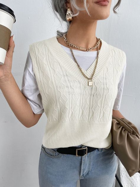 Styling White Sweater Vest, White Short Sleeve Sweater Outfit, Cream Knitted Vest Outfit, White Sleeveless Sweater Outfit, White Sweater Vest Outfit Summer, Sweater Vest With Short Sleeve Shirt, White Vest Summer Outfit, Cream Knit Vest Outfit, Cream Sweater Vest Outfits For Women