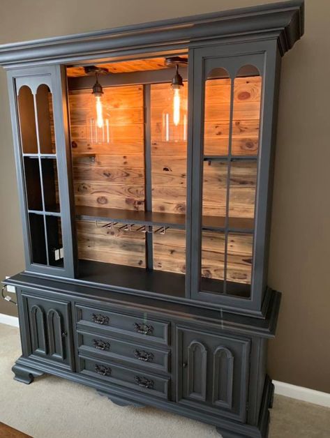 China Cabinet Buffet, Rustic Bar Cabinet, Wine Hutch, China Cabinet Redo, China Cabinet Bar, Painted China Cabinets, Cabinet Buffet, Redo Cabinets, Buffet Hutch